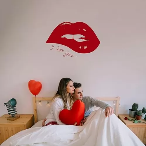 Red Lips Wall Decal with I Love You Quote, Removable Adhesive Vinyl Sticker, Romantic Room Decor for Valentine
