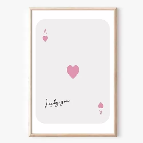 Retro Queen of Hearts Poker Canvas Wall Art - Pink Ace Card, Lucky You Poster - 16x24in, No Frame