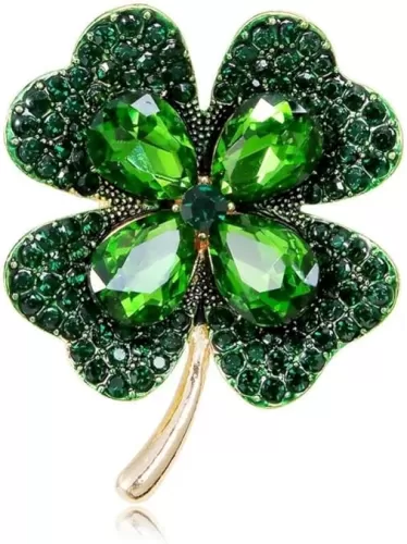 Rhinestone Clover Leaf Brooch Pin for Women Girls Unisex Gold Plated Vintage Green Crystal Flower Brooches Lapel Pins Lucky Decor Dress Accessories St Patrick