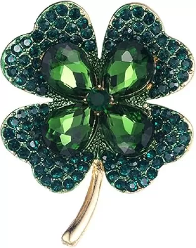 Rhinestone Green Clover Leaf Brooch Pin for Women Girls Unisex Gold Plated Vintage Crystal Flower Brooches Lapel Pins Lucky Decor Dress Accessories St Patrick
