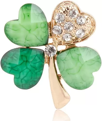 Rhinestone Hearted Clover Leaf Brooch Pin for Women Girls Unisex Gold Plated Vintage Crystal Green Shamrock Flower Brooches Lapel Pins Lucky Decor Dress Accessories St Patrick