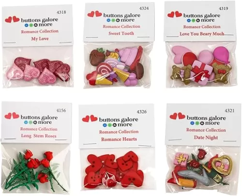 Romance Button Assortment – 50+ Valentine’s Day Buttons for Sewing & Crafts – 6 Packs of Heart, Rose, Teddy Bear, Decorative Novelty Buttons