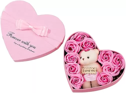 Romantic Roses Flower Gift Box with Cute Teddy Bear and Tag I Love You Heart-Shaped Artificial Rose Scented Bath Body Petal for Valentines Day Mother