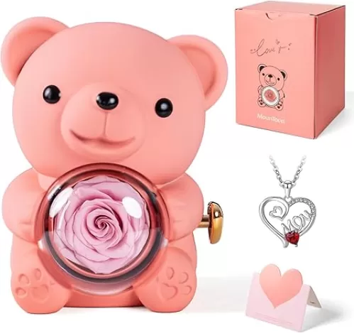 Romantic Teddy Bear with Preserved Rose & Heart Necklace - Unique Love Puzzle Gift Set with Elegant Box for Mother's Day, Anniversaries, Weddings, Birthday, Pink