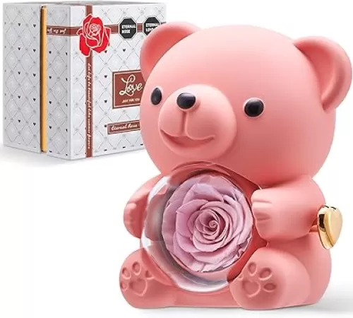 Romantic Teddy Pink Bear with Preserved Rose – A Timeless Expression of Love - Real Rose in Elegant Grey Gift Box for Anniversaries, Weddings, Mother