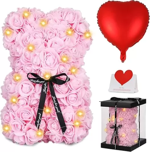 Rose Bear Mothers Day Flower Gifts for Mom Grandma, Rose Teddy Bear with Lights, Cute Teddy Flower Bear, Cute Romantic Gifts for Wife Girlfriend with Transparent Gift Box and Love Card