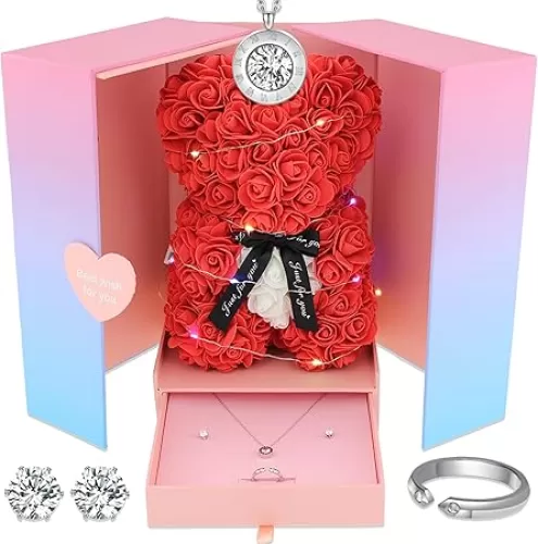 Rose Bear Teddy Bear Artificial Flowers Forever Gift Box Set for Her Girlfriend Women Wife Anniversary Christmas Valentines Birthday Mothers Day (Red Bear)
