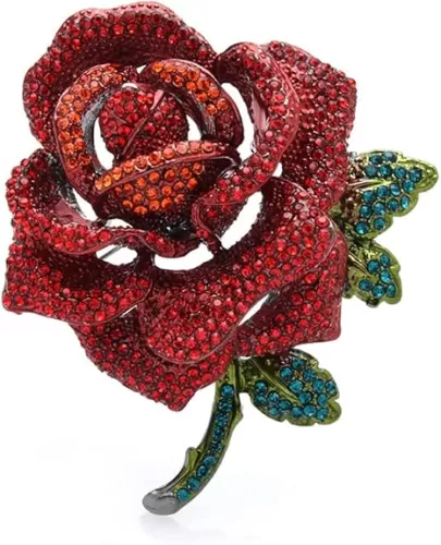 Rose Flower Brooch for Women Girls Red Rhinestone Crystal Rose Lapel Pin Elegant Dress Accessories Jewelry Wedding Birthday Valentine