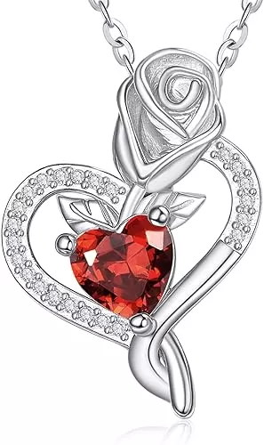 Rose Heart Necklaces for Women Mother Mom, White Gold Heart Jewelry with Birthstone Pendant, Anniversary Birthday Gifts for Her Wife Girlfriend, 18+2 Inch Chain