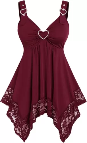 Rosegal Plus Size Women Heart Ring Buckled Casual Summer Sleeveless Blouse Flowy Lace Handkerchief Hem Tank Top