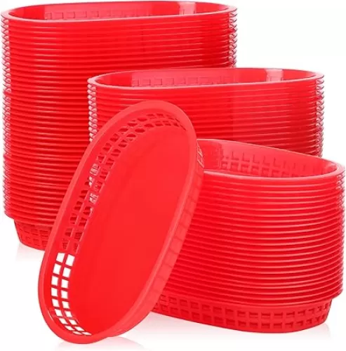 Rtteri 100 Pcs Plastic Fast Food Baskets for Serving Bulk 10.6 x 6.7 Inch, Oval Restaurant Basket, Red Reusable Bread Fry Basket for Hot Dog, Burger, Sandwiches and Christmas Tray Party Deli Supplies