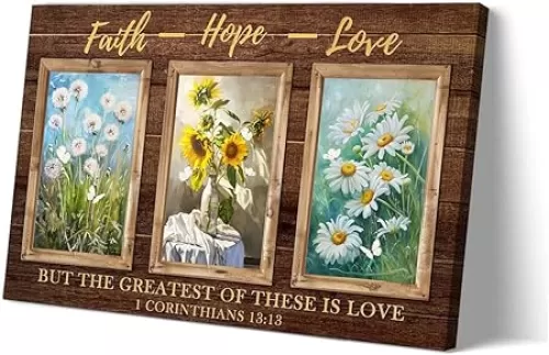 Sboobily Faith Hope Love Wall Decor Flowers Prints Framed 1 Corinthians 13 13 Bible Quotes Wall Art Home Decor 08x12 inches