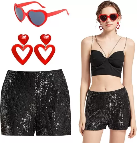 Sequin Shorts for Women High Waist Elastic with Heart Sunglasses Earrings Sparkly Glitter Party Shorts Black