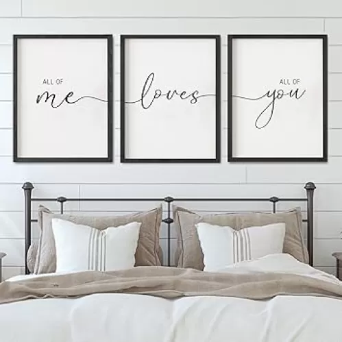 Set of 3 Framed Farmhouse All of Me Loves All of You Sign 11x14” Above Bed Wall Decor for Bedroom Decor Wall Art Wood Signs (11x14", Black)