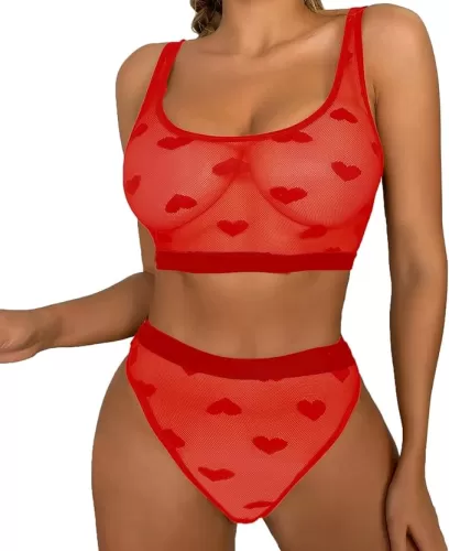 Sexy Mesh Sheer Bra and Panty Sets for Women, Heart Print See Through Valentines Day Lingerie Sets, Red, Onesize 2-8