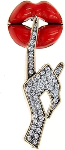 Sexy Red Lips Brooch Rhinestone Quiet Gestures Statement Brooches Lapel Pins Elegant Dress Accessories Suit Tie Art Deco Fashion Cubic Zirconia Jewelry Lover Gift for Women Girls