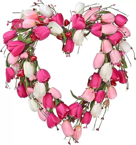 Sggvecsy 19in Heart Shaped Pink & White Tulip Wreath for Valentine's Day, Wedding & More