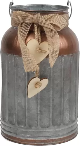 Shabby Chic Classy Designed Bucket Brown Milk Can Heart-Shaped Galvanized Finish Metal Vase Country Rustic Primitive Decorative Flower Holder, 8.7" H