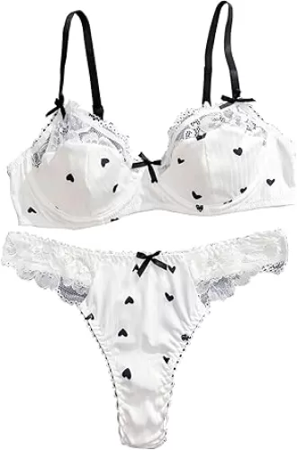 SOLY HUX Lingerie for Women Lace Trim Bra and Panty Heart Print Lingerie Set
