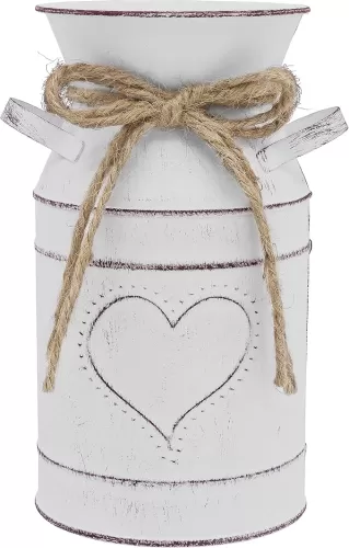 Soyizom Vintage Metal Flower Bucket Heart Vase, Farmhouse Decor with Handle, French White Galvanized Finish Milk Jug, Shabby Chic Metal Flower Jug for Rustic Home Decoration