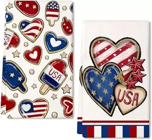 Stars 4th of July Kitchen Towels Set of 2, Red Heart USA Patriotic Dish Hand Towels Farmhouse Indoor Outdoor Holiday Seasonal Decorations DD100