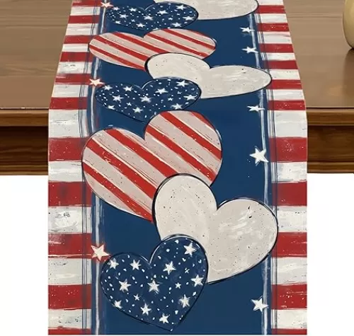 Stripe Stars Heart 4th of July Table Runner 13x72 Inch Memorial Day Independence Day Patriotic America Kitchen Dining Table Decor for Indoor Outdoor Home Party Decoration ZQ111