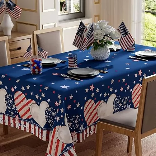 Stripe Stars Love Heart America Patriotic 4th of July Memorial Day Independence Day Tablecloth Rectangle Washable Table Covers for Home Party Decorations 52x70 Inch