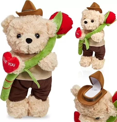 Teddy Bear Stuffed Animal for Girlfriend Boyfriend, Soft Plush Toy Teddy Bear With Rose Heart, Mothers Day Birthday Gifts for Mom Her Him Lover - 11 Inch Cute Bear Plush Present with Jewelry Box Hat