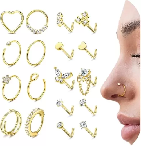 THUNARAZ 18g 20g Hypoallergenic Stainless Steel Nose Rings Hoop L Shape Nose Studs Cute Heart Square CZ Nose Bone Screw Nostril Piercing Jewelry for Women Men Silver 14K Gold Filled
