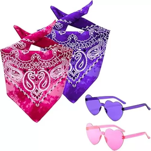 Tie Dye Bandanas with Heart Sunglasses 4 Pack, Cowgirl Paisley Scarf Handkerchief Headband Gift for Women Men