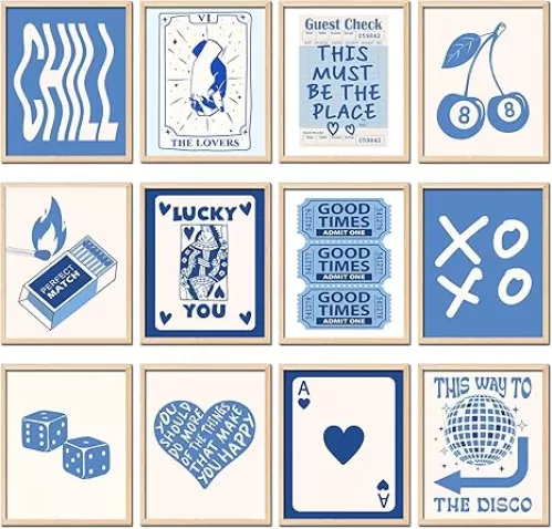 TRAMIN 12 Pcs Blue Lucky Poster, Playing Card Wall Art, Funky Posters Aesthetic Pictures, Poker Room Decor, Blue Trendy Wall Art, Retro Ace Prints Queen of Hearts Decor for Bedroom (8x10 UNFRAMED)