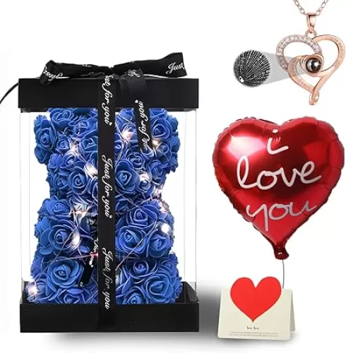 U UQUI Blue Rose Bear Anniversary Flowers Gift for Her, Anniversary Rose Gifts for Wife Flower Bear, Rose Teddy Bear with Box Lights Necklace Balloon Card, Cute Romantic Love Gifts & Decorations