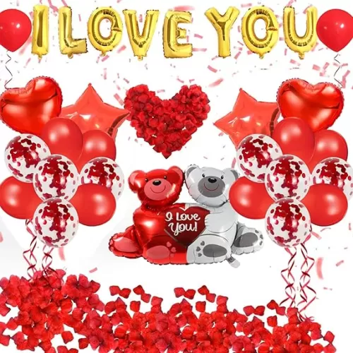 Valentines Day Decorations Heart Shaped Balloons I LOVE YOU Balloons Teddy Bear Balloons with Rose Petals for Valentines Mothers Day Bridal Shower Anniversary Party Supplies (Red and White)