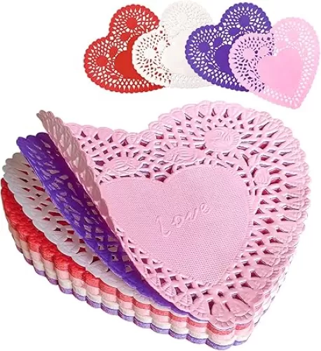 Valentines Day Heart Doilies 200 Pack 4 Inch Heart-Shaped Cutouts Lace Paper Doilies for DIY Crafts, Valentine's Day Mother's Day Wedding Supplies, Red Pink White Purple