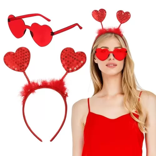 Valentines Day Heart Headband and Heart-Shaped Glasses Heart Headband Boppers Rimless Heart Glasses Party Props for Valentines Day Wedding Birthday Christmas Halloween Cosplay