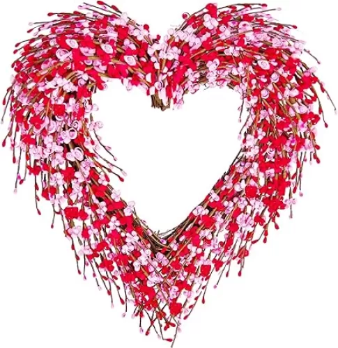 Valentines Day Wreath, 17in Valentines Wreaths for Front Door Outside, Valentine’s Day Wreath Heart Wreath Decorations Décor Outdoor Indoor with Red and Pink Forsythia Heart-Shaped Wooden Sign