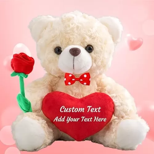 Valentines Gifts Teddy Bear with Heart and Bow & Rose as Personalized Gifts for Her/Him, Teddy Bear with Name or Text for Women/Men on Valentines Day/Birthday/Anniversary (8 in-Red Heart)
