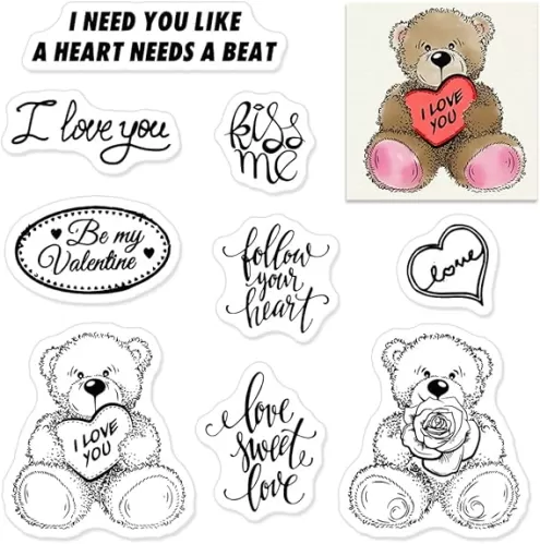 Valentines Teddy Bear Clear Stamps for Card Making and Journaling, Rose Heart Transparent Silicone Stamps Seal Flowers Rubber Stamps for Scrapbooking DIY Cards Album Crafts Supplies