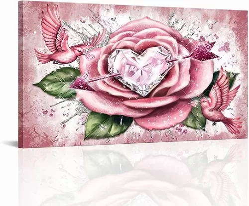 Vefacaiyo Pink Wall Art Abstract Flower Diamond Heart Picture Canvas Wall Decor Romantic Artwork for Home Bedroom Living Room Ready to Hang 20''x36''x1PCS