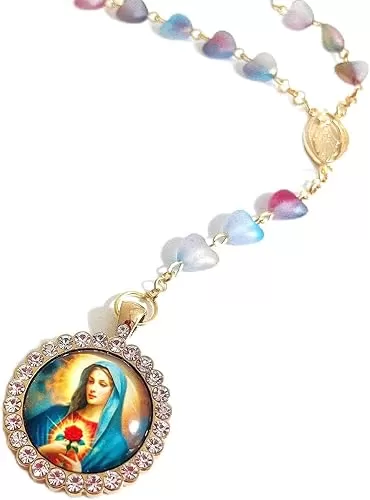 Vintage Glass Heart Beads Rosary Necklace – Elegant Rose Pendant Catholic Prayer Jewelry for Women Daily & Spiritual Wear