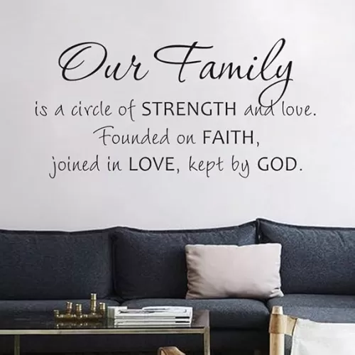 Wall Vinyl Decals Quotes Inspirational Sticker Living Room Decor, Our Family is a Circle of Strength and Love Founded on Faith Joined in Love Kept by God 25×12In