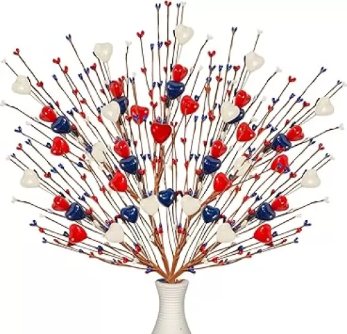 Warmtree 4 Pack Patriotic Artificial Berry Stem Picks White Blue Red Heart, 4th of July Independence Day, Faux Berry Branches Decoration for Table Centerpiece Decor Home Office Restaurant Vase Décor