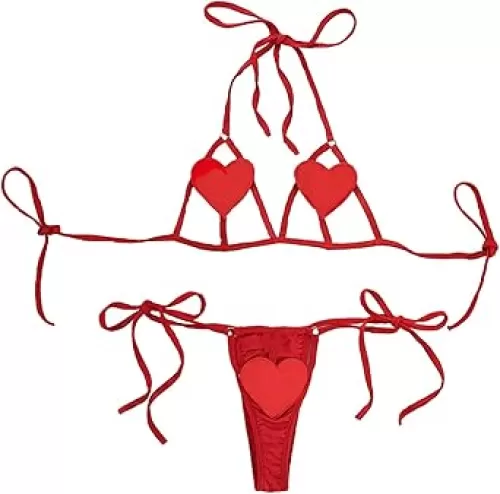 Women Two Piece Bra and Panties Set Cute Heart Cut Out Sexy Strappy Lingerie Set Bikini Harness Bralette Hollow Sleepwear