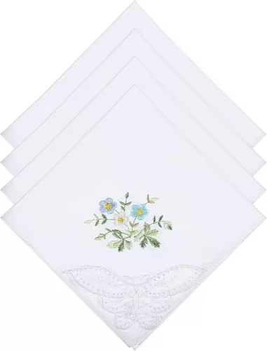 Womens Handkerchiefs Cotton，4PCS Embroidered Lace White Handkerchief with Floral, Soft Cotton Handkerchiefs Suitable for Weddings, Embroidered Lace Handkerchief Show Elegance 11 Inch