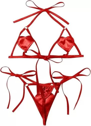Womens Heart Mesh Sheer Lingerie Set Mini Top Tie Sides Thong Sexy Micro Swimwear Bikini Set