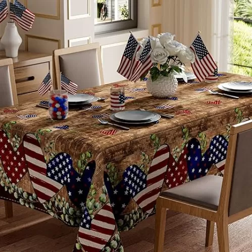 Wood Love Heart America Eucalyptus Leaves Patriotic 4th of July Memorial Day Independence Day Tablecloth Rectangle Washable Table Covers for Home Party Decorations 60x84 Inch