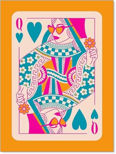 XMOPNITIN Pink Orange Poker Poster Queen Of Hearts Playing Card Wall Art Trendy Dopamine Aesthetic Canvas Prints for Apartment Bedroom Wall Decor 12X16 inch Unframed
