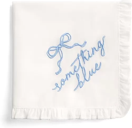 xo, Fetti Something Blue Embroidered Handkerchief | 10"x10" | White Wedding Accessory, Bridesmaid Gift, Bridal Tissue, Bow Napkin, Ruffled Kleenex