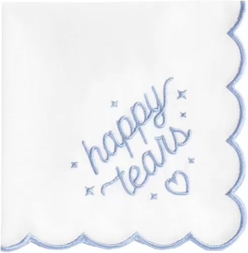 xo, Fetti White Happy Tears Embroidered Handkerchief | 10"x10" | Wedding Party Accessory, Bridesmaid Gift, Bridal Tissue, Napkin, Embroidered Something Blue Kleenex