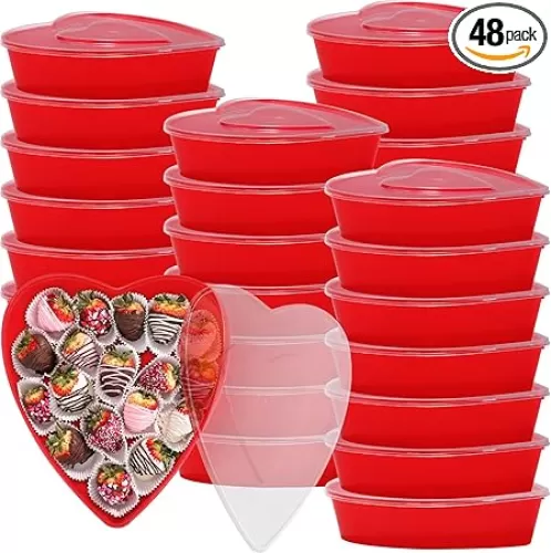 Yerliker 48 Pieces Valentine's Day Heart Shaped Storage Containers 22 oz / 650 ml Heart Shaped Box Plastic Storage Box with Lids Reusable Dessert Containers for Food Fruit Vegetable (Red)